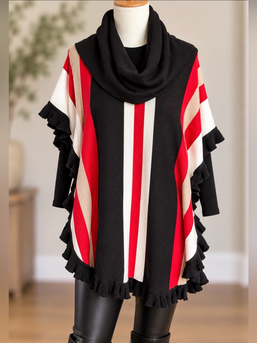 Statement Black Red Stripe Knit Poncho Cowl Neck Ruffle Trim